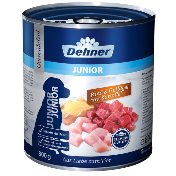 Dehner Premium Hundefutter Junior | Nassfutter für Welpen und junge Hunde | Hundenassfutter in Premiumqualität | hoher Fleischanteil | getreidefei | mit Rind, Geflügel und Kartoffel | 6 x 800 g