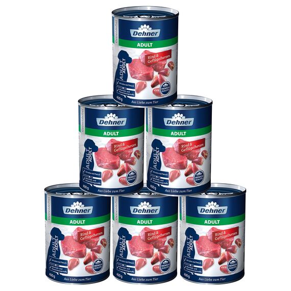Dehner Premium Hundefutter Adult, Rind und Geflügelherzen, 6 x 400 g (2.4 kg)