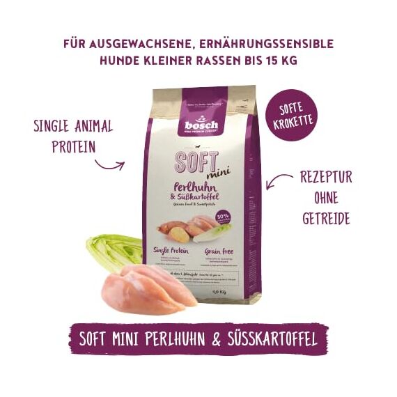 bosch HPC SOFT mini Perlhuhn & Süßkartoffel | halbfeuchtes Hundefutter für ausgewachsene Hunde kleiner Rassen | Single Protein | grain-free | 1 x 1 kg