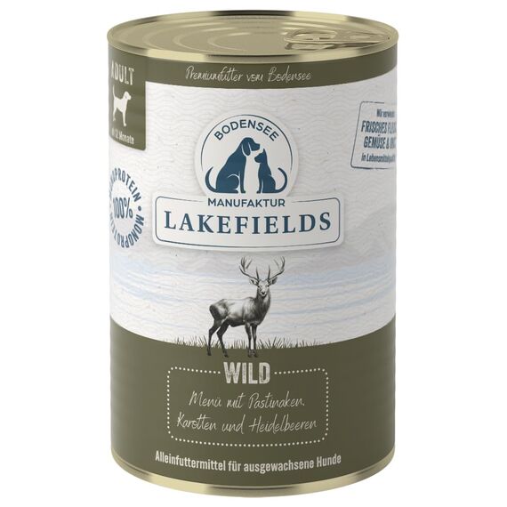 Lakefields Premium Hundefutter Nass | Wild 59% | 400g | Getreidefreies Nassfutter für Hunde | Natürliche Zutaten in Lebensmittelqualität | Karotten, Kartoffeln & Heidelbeeren | Schonend gegart