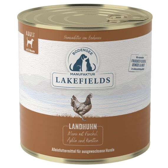 Lakefields Premium Hundefutter Nass | Huhn 61% | 800g | Getreidefreies Nassfutter für Hunde | Natürliche Zutaten in Lebensmittelqualität | Karotten, Kartoffeln & Apfel | Schonend gegart