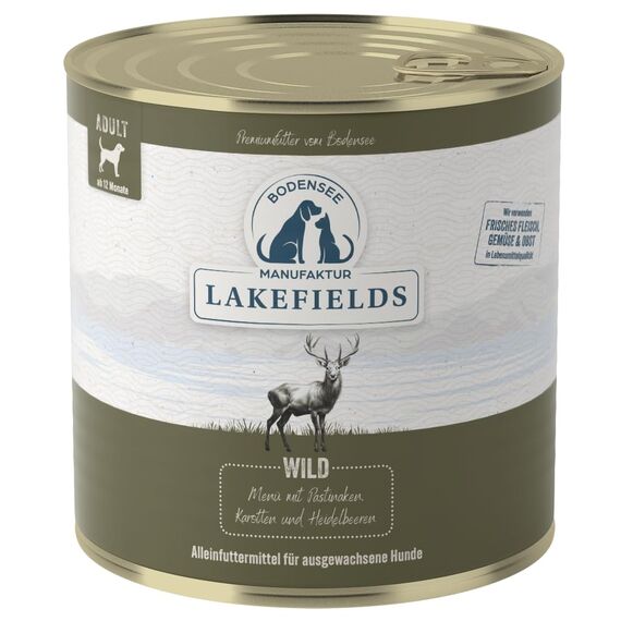 Lakefields Premium Hundefutter Nass | Wild 59% | 800g | Getreidefreies Nassfutter für Hunde | Natürliche Zutaten in Lebensmittelqualität | Karotten, Kartoffeln & Heidelbeeren | Schonend gegart