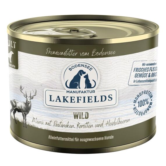 Lakefields Premium Hundefutter Nass | Wild 59% | 200g | Getreidefreies Nassfutter für Hunde | Natürliche Zutaten in Lebensmittelqualität | Karotten, Kartoffeln & Heidelbeeren | Schonend gegart