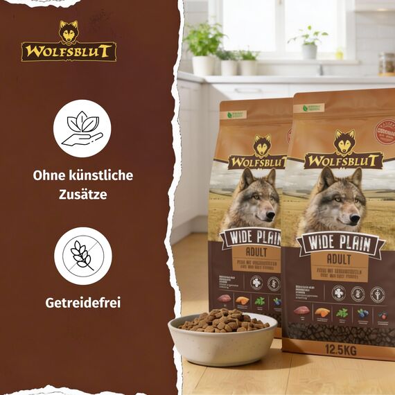 WOLFSBLUT – Wide Plain Adult | Trockenfutter mit wertvollen Superfoods für ausgewachsene Hunde. Getreidefreies Alleinfutter ohne Zusatzstoffe im Beutel | 2x12,5kg + 300g Gratis Squashies Snack