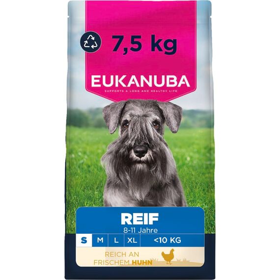Eukanuba Hundefutter Trocken mit frischem Huhn für kleine Rassen, Premium Trockenfutter für reife Hunde, 7,5 kg
