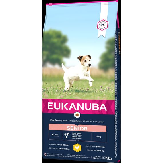 Eukanuba Hundefutter mit frischem Huhn für kleine Rassen, Premium Trockenfutter für Senior Hunde, 15 kg