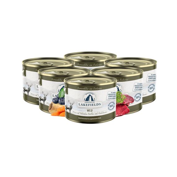 Lakefields Premium Hundefutter Nass | Wild 59% | 6 x 200g | Getreidefreies Nassfutter für Hunde | Natürliche Zutaten in Lebensmittelqualität | Karotten, Kartoffeln & Heidelbeeren | Schonend gegart