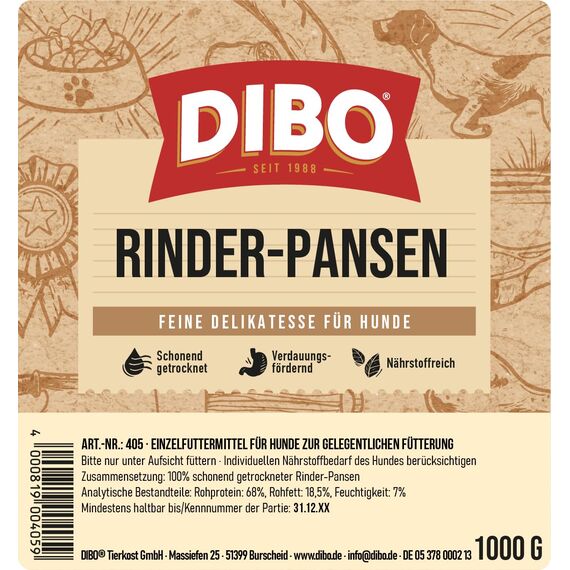 DIBO Rinderpansen, 1000g, der kleine Naturkau-Snack oder Leckerli für Zwischendurch, Hundefutter, Qualitätskauartikel ohne Chemie