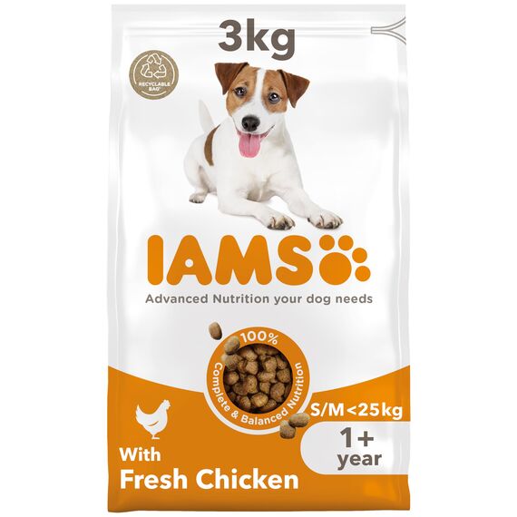 IAMS Hundefutter trocken mit Huhn - Trockenfutter für Erwachsene Hunde ab 1 Jahr, geeignet für kleine & mittelgroße Hunde, 3 kg