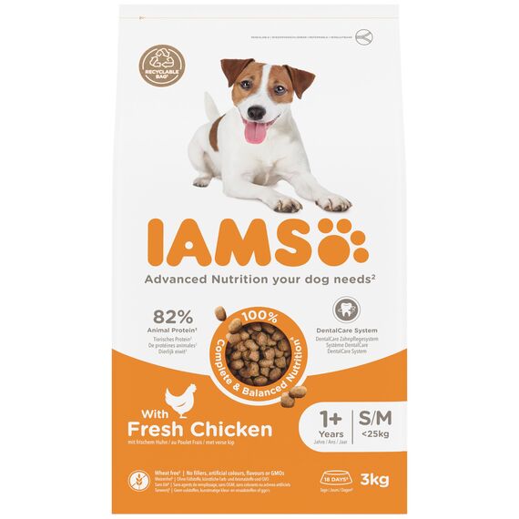 IAMS Hundefutter trocken mit Huhn - Trockenfutter für Erwachsene Hunde ab 1 Jahr, geeignet für kleine & mittelgroße Hunde, 3 kg
