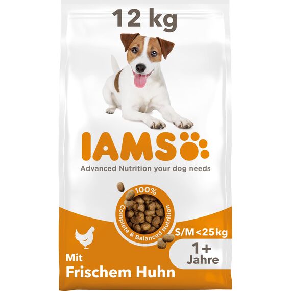 IAMS Hundefutter trocken mit Huhn - Trockenfutter für Erwachsene Hunde ab 1 Jahr, geeignet für kleine & mittelgroße Hunde, 12 kg