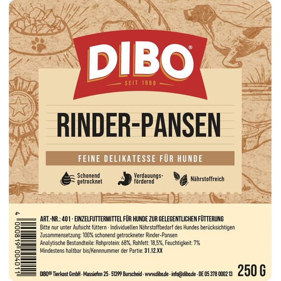 DIBO Rinderpansen, 250g-Beutel, der kleine Naturkau-Snack oder Leckerli für Zwischendurch, Hundefutter, Qualitätskauartikel ohne Chemie von DIBO