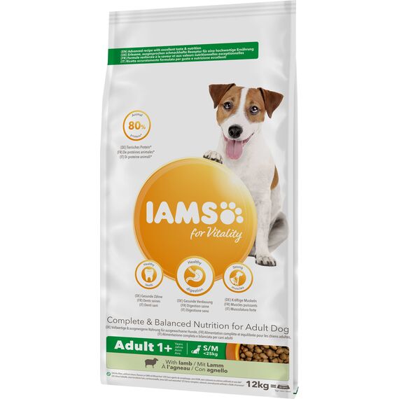 IAMS Hundefutter trocken mit Lamm - Trockenfutter für Erwachsene Hunde ab 1 Jahr, geeignet für kleine & mittelgroße Hunde, 12 kg