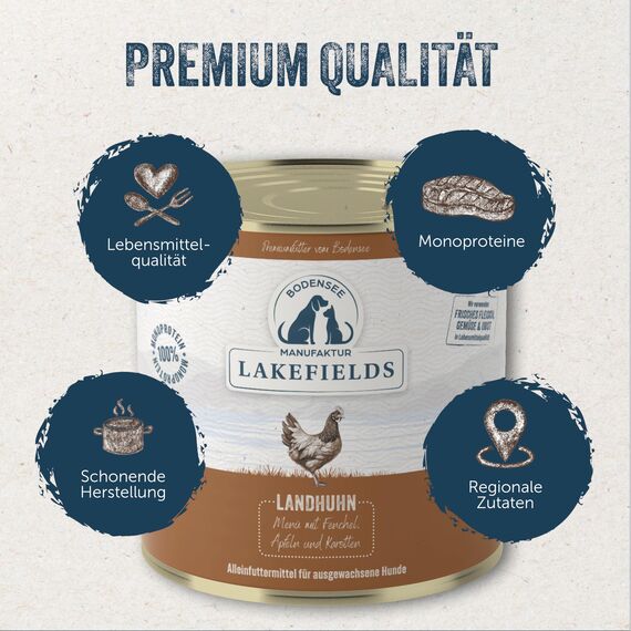 Lakefields Premium Hundefutter Nass | Huhn 61% | 6 x 200g | Getreidefreies Nassfutter für Hunde | Natürliche Zutaten in Lebensmittelqualität | Karotten, Kartoffeln & Apfel | Schonend gegart