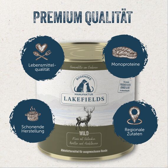 Lakefields Premium Hundefutter Nass | Wild 59% | 800g | Getreidefreies Nassfutter für Hunde | Natürliche Zutaten in Lebensmittelqualität | Karotten, Kartoffeln & Heidelbeeren | Schonend gegart