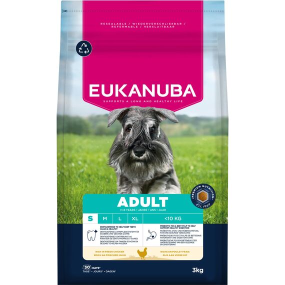 Eukanuba Hundefutter Trocken mit frischem Huhn für kleine Rassen, Premium Trockenfutter für ausgewachsene Hunde, 3 kg