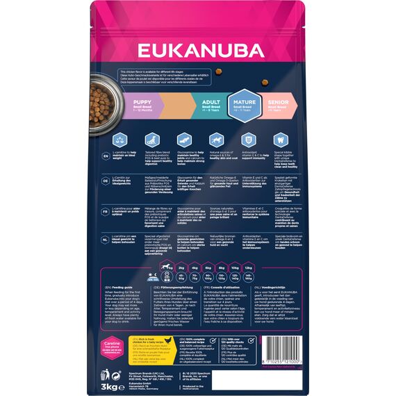 Eukanuba Hundefutter mit frischem Huhn für kleine Rassen, Premium Trockenfutter für reife Hunde, 3 kg