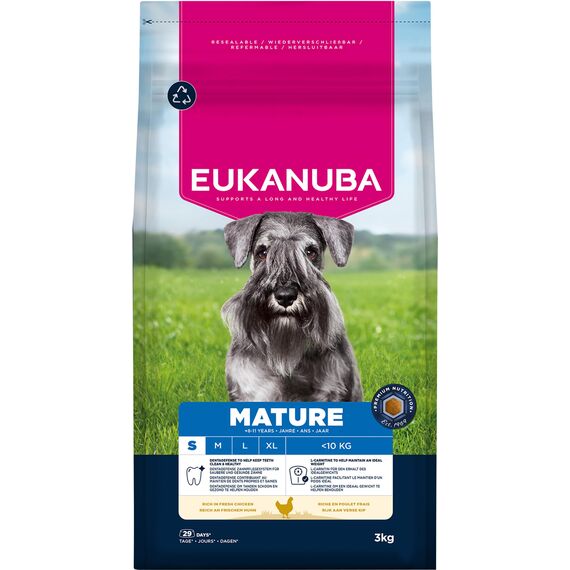 Eukanuba Hundefutter Trocken mit frischem Huhn für kleine Rassen, Premium Trockenfutter für reife Hunde, 3 kg
