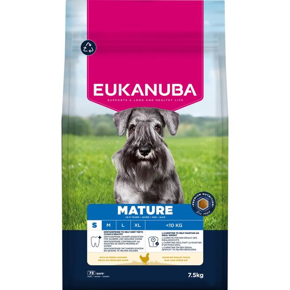 Eukanuba Hundefutter Trocken mit frischem Huhn für kleine Rassen, Premium Trockenfutter für reife Hunde, 7,5 kg