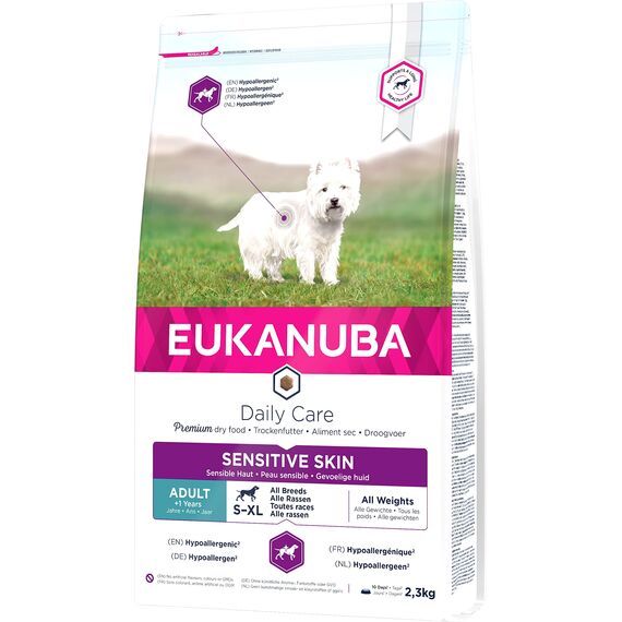 Eukanuba Daily Care Sensitive Skin Hundefutter - Trockenfutter für Hunde mit sensibler Haut, Hyoallergenes Futter mit Fisch, 2,3kg