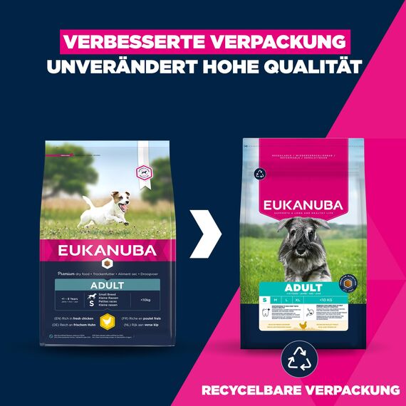 Eukanuba Hundefutter Trocken mit frischem Huhn für kleine Rassen, Premium Trockenfutter für ausgewachsene Hunde, 15 kg