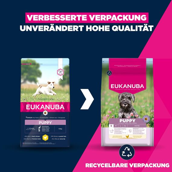 Eukanuba Welpenfutter mit frischem Huhn für kleine Rassen, Premium Trockenfutter für Junior Hunde, 7,5 kg