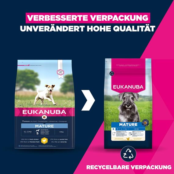 Eukanuba Hundefutter mit frischem Huhn für kleine Rassen, Premium Trockenfutter für reife Hunde, 3 kg
