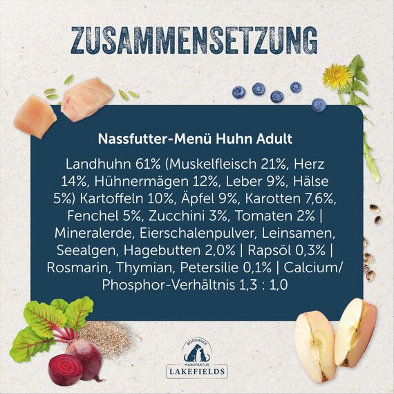 Lakefields Premium Hundefutter Nass | Huhn 61% | 6 x 200g | Getreidefreies Nassfutter für Hunde | Natürliche Zutaten in Lebensmittelqualität | Karotten, Kartoffeln & Apfel | Schonend gegart