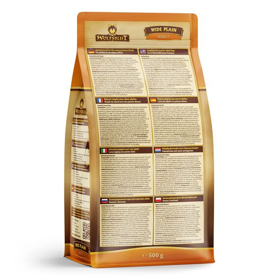 WOLFSBLUT – Wide Plain Adult | Trockenfutter mit natürlichen Zutaten und wertvollen Superfoods für ausgewachsene Hunde. Getreidefreies Alleinfutter ohne Zusatzstoffe im Beutel | 500g Pferd