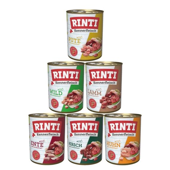 RINTI-Kennerfleisch 6 x 800g Mixpaket | 6 garantierte Sorten | getreidefreies Nassfutter mit 70% Fleisch & Innereien | ohne Soja | Hundefutter
