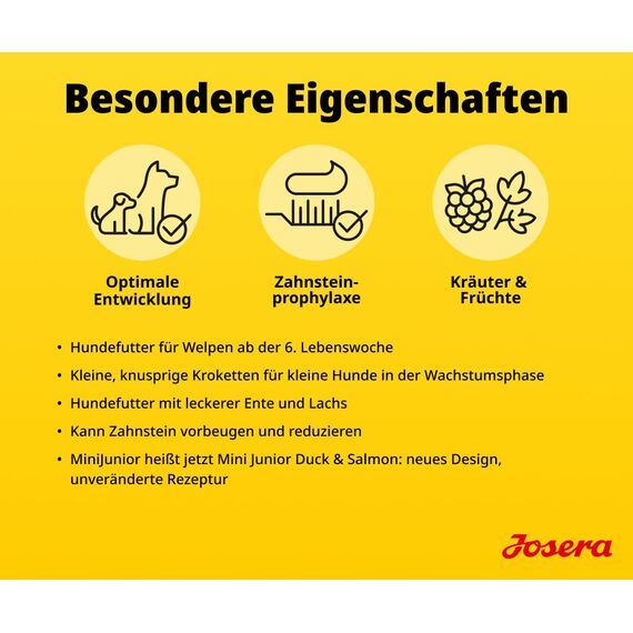 JOSERA Mini Junior Ente & Lachs (1 x 10 kg) | Premium Trockenfutter für wachsende Hunde bis 10 kg ab der 6. Woche | Welpenfutter zur optimalen Entwicklung | kleine Kroketten | glutenfrei | 1er Pack