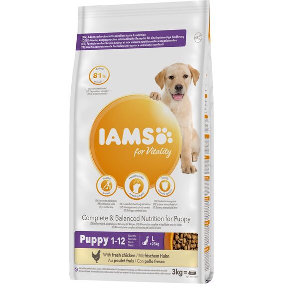 IAMS Junior Hundefutter trocken mit Huhn - Welpenfutter für Welpen im Alter von 1-12 Monaten, geeignet für große Rassen, 3 kg