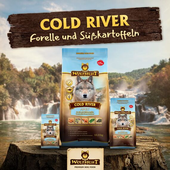 WOLFSBLUT – Cold River Adult | Trockenfutter mit natürlichen Zutaten und wertvollen Superfoods für ausgewachsene Hunde. Getreidefreies Alleinfutter ohne Zusatzstoffe im Beutel | 2kg Forelle