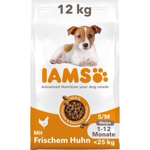 IAMS Junior Hundefutter trocken mit Huhn - Welpenfutter für Welpen im Alter von 1-12 Monaten, geeignet für kleine & mittelgroße Rassen, 12 kg