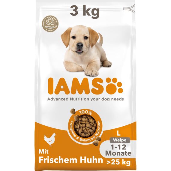 IAMS Junior Hundefutter trocken mit Huhn - Welpenfutter für Welpen im Alter von 1-12 Monaten, geeignet für große Rassen, 3 kg