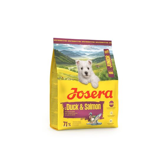 JOSERA Mini Junior Ente & Lachs (1 x 900 g) | Premium Trockenfutter für wachsende Hunde bis 10 kg ab der 6. Woche | Welpenfutter zur optimalen Entwicklung | kleine Kroketten | glutenfrei | 1er Pack