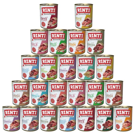 RINTI-Kennerfleisch 24 x 800g Mixpaket | 12 garantierte Sorten | getreidefreies Nassfutter mit 70% Fleisch & Innereien | ohne Soja | Hundefutter