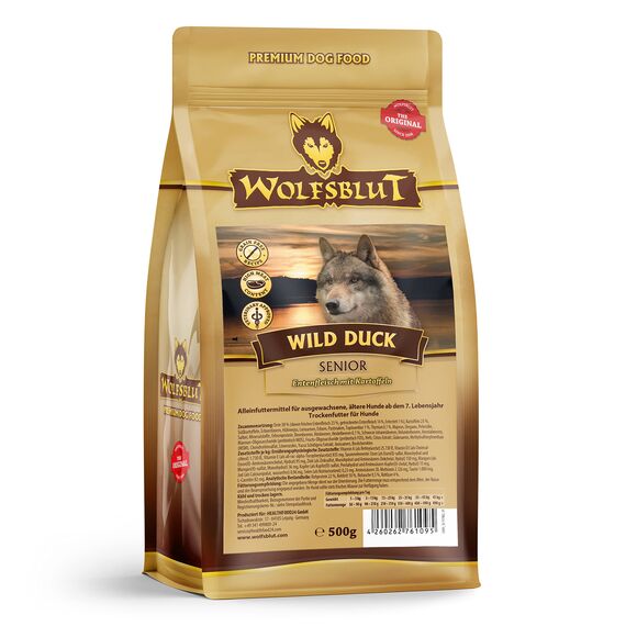 WOLFSBLUT – Wild Duck Senior | Trockenfutter mit natürlichen Zutaten und Superfoods für ältere Hunde. Getreidefreies Alleinfutter ohne Zusatzstoffe im Beutel | 500g Ente