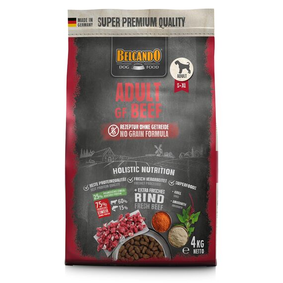 BELCANDO Adult GF Beef [4 kg] getreidefreies Hundefutter | Trockenfutter ohne Getreide mit Rind | Alleinfuttermittel für ausgewachsene Hunde ab 1 Jahr