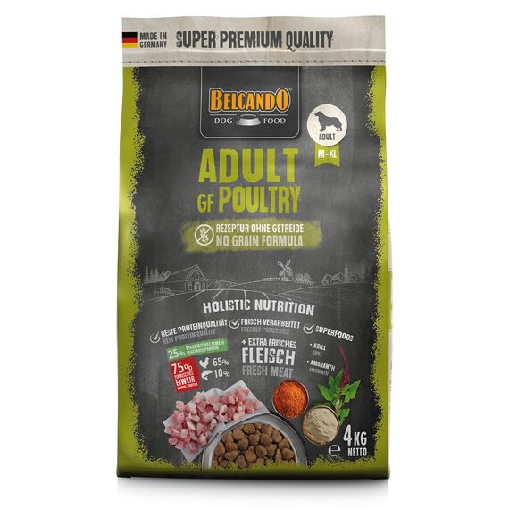 BELCANDO Adult GF Poultry [4 kg] getreidefreies Hundefutter | Trockenfutter ohne Getreide mit Geflügel | Alleinfuttermittel für ausgewachsene Hunde ab 1 Jahr