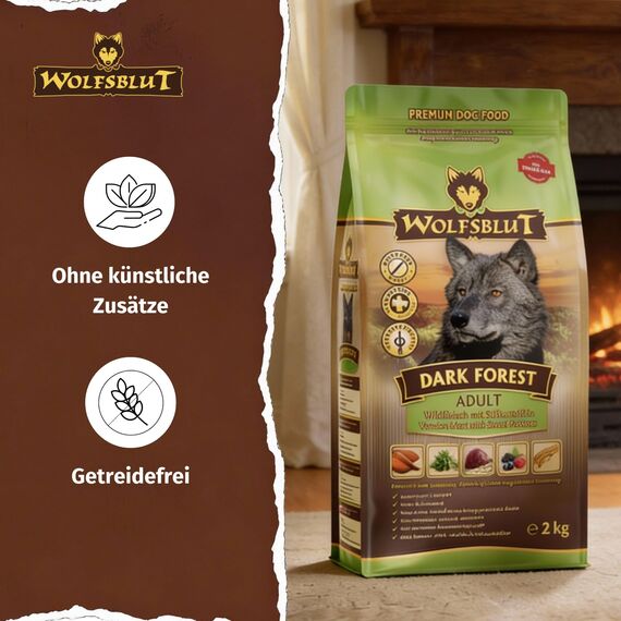 WOLFSBLUT – Dark Forest Adult | Trockenfutter mit natürlichen Zutaten und wertvollen Superfoods für ausgewachsene Hunde. Getreidefreies Alleinfutter ohne Zusatzstoffe im Beutel | 2kg Wild