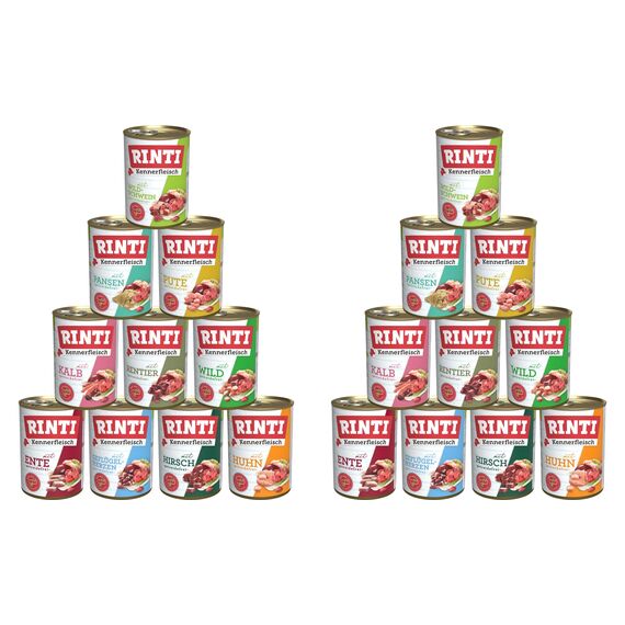 Rinti-Kennerfleisch 20 x 400g Mixpaket | 10 garantierte Sorten | getreidefreies Nassfutter mit 70% Fleisch & Innereien | ohne Soja | Hundefutter