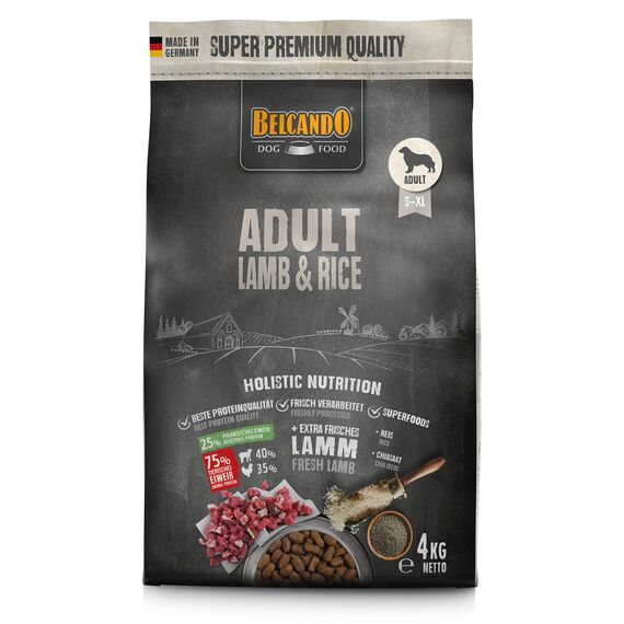 BELCANDO Adult Lamb & Rice [4 kg] Hundefutter | Trockenfutter mit Lamm für empfindliche Hunde | Alleinfuttermittel für ausgewachsene Hunde ab 1 Jahr