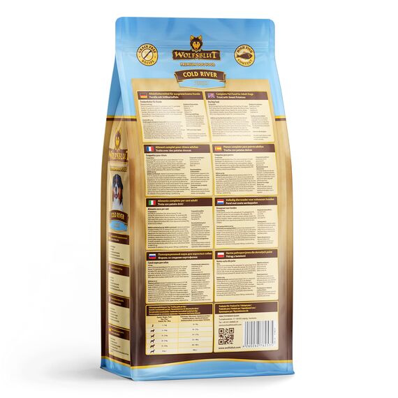 WOLFSBLUT – Cold River Adult | Trockenfutter mit natürlichen Zutaten und wertvollen Superfoods für ausgewachsene Hunde. Getreidefreies Alleinfutter ohne Zusatzstoffe im Beutel | 2kg Forelle