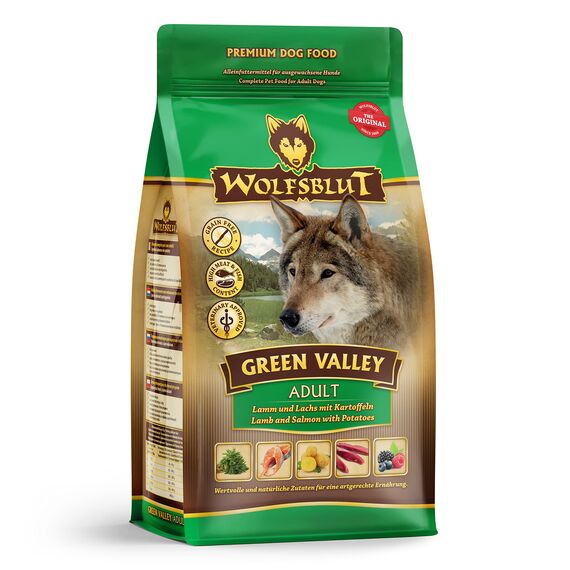 WOLFSBLUT – Green Valley Adult | Trockenfutter mit natürlichen Zutaten und Superfoods für ausgewachsene Hunde. Getreidefreies Alleinfutter ohne Zusatzstoffe im Beutel | 500g Lamm und Lachs