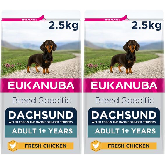 Eukanuba Breed Specific Dackel Trockenfutter - optimal auf die Rasse abgestimmtes Premium Hundefutter mit Huhn, 2,5 kg (Packung mit 2)