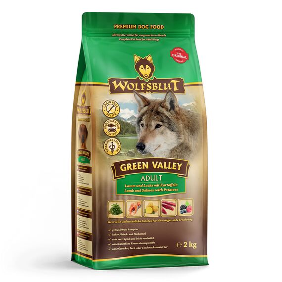 WOLFSBLUT – Green Valley Adult | Trockenfutter mit natürlichen Zutaten und Superfoods für ausgewachsene Hunde. Getreidefreies Alleinfutter ohne Zusatzstoffe im Beutel | 2kg Lamm und Lachs
