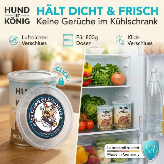 HUND IST KÖNIG Dosendeckel für Tierfutter (3 Stück) - Robuste Deckel für Katzen & Hundefutter Dosen - Tierfutter bleibt lange frisch Dosen schließen Gerüche ein - 800g Dosendeckel