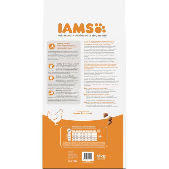 IAMS Junior Hundefutter trocken mit Huhn - Welpenfutter für Welpen im Alter von 1-12 Monaten, geeignet für große Rassen, 12 kg