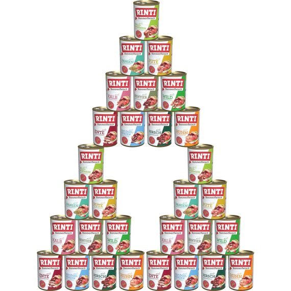 Rinti-Kennerfleisch 30 x 400g Mixpaket | 10 garantierte Sorten | getreidefreies Nassfutter mit 70% Fleisch & Innereien | ohne Soja | Hundefutter